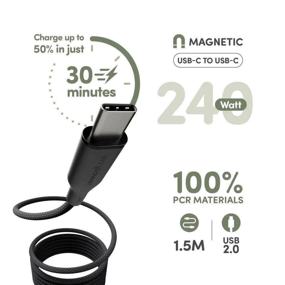 empower by PanzerGlass Magnetic 240W USB-C to USB-C Cable – 1.5m – Space Black