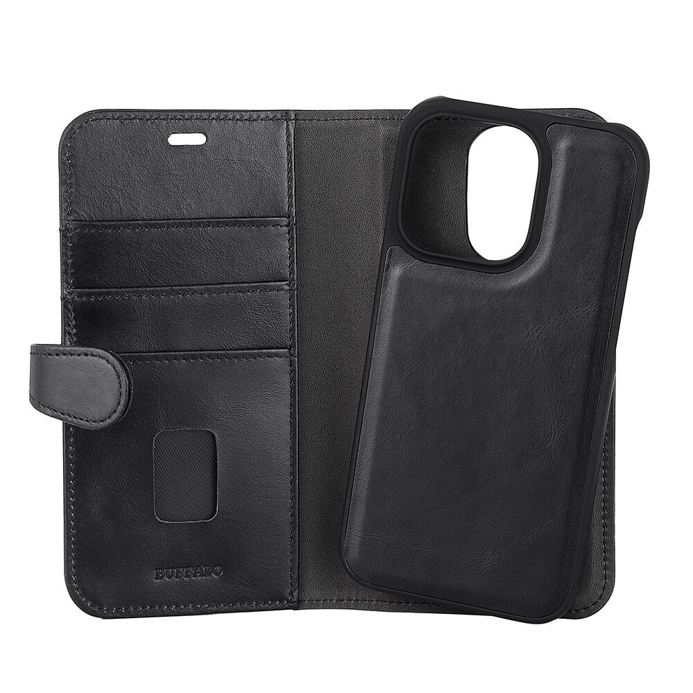 iPhone 14 Pro Buffalo Wallet Genuine Leather Magnet Wallet Case - Black