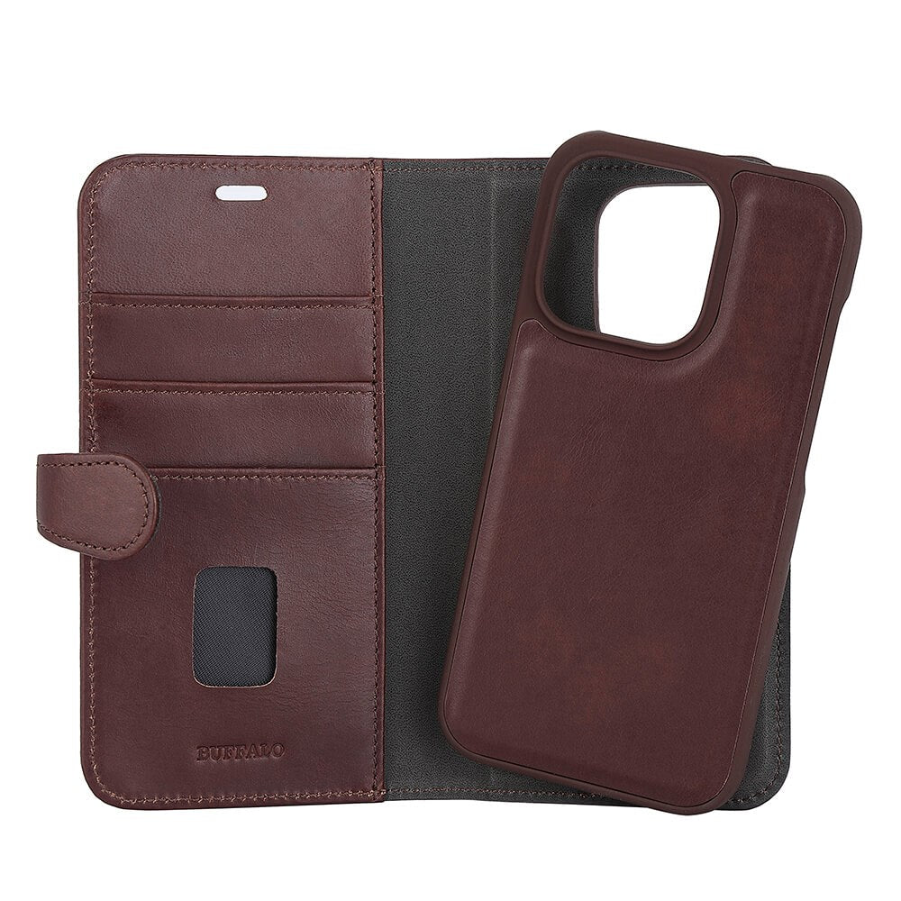 iPhone 14 Pro Buffalo Wallet Genuine Leather Magnet Wallet Case - Brown