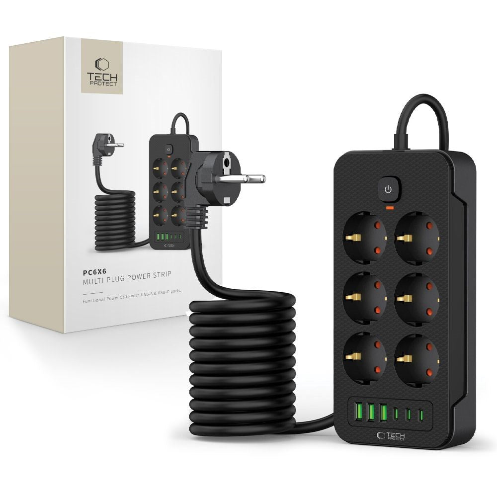 Tech-Protect Multifunctional Power Strip with 6 x Outlets / 3 x USB-A / 3 x USB-C - 2m - Black