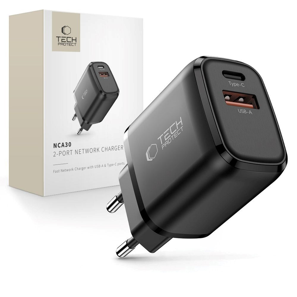 Tech-Protect NCA30 Wall Charger with 30W - 1 x USB-A & 1 x USB-C - Black
