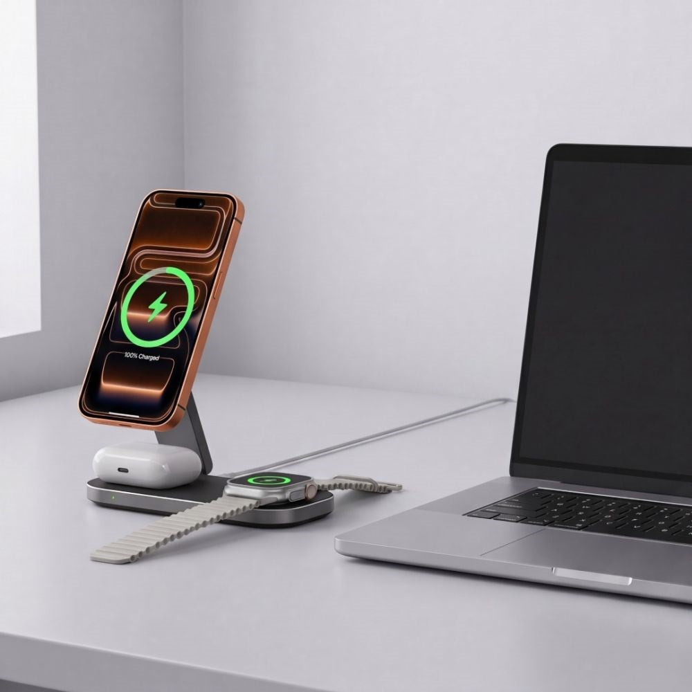 Tech-Protect A52 3-in-1 25W Wireless Charger for Smartphone + Smartwatch + Earphones - MagSafe / Qi2 Compatible - Dark Grey