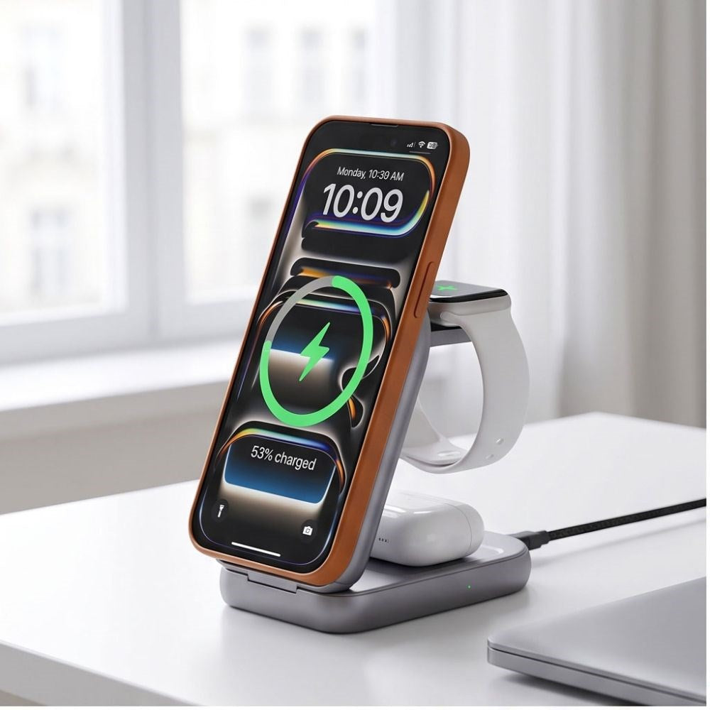 Tech-Protect A53 3-in-1 25W Wireless Charger: Smartphone & Smartwatch & Earphones - MagSafe / Qi2 Compatible - Dark Grey