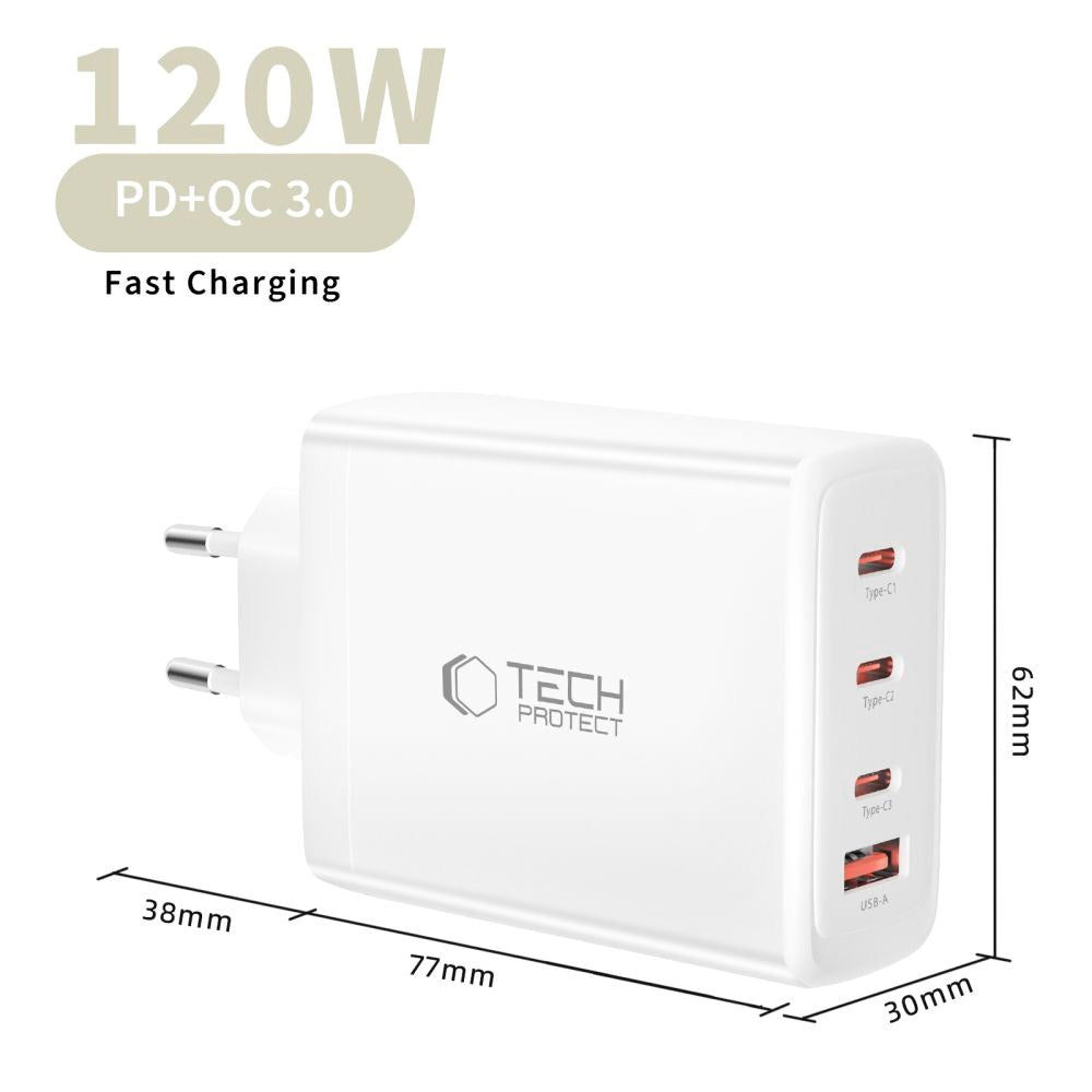 Tech-Protect 120W GaN Wall Charger with 1 x USB-A & 3 x USB-C – White