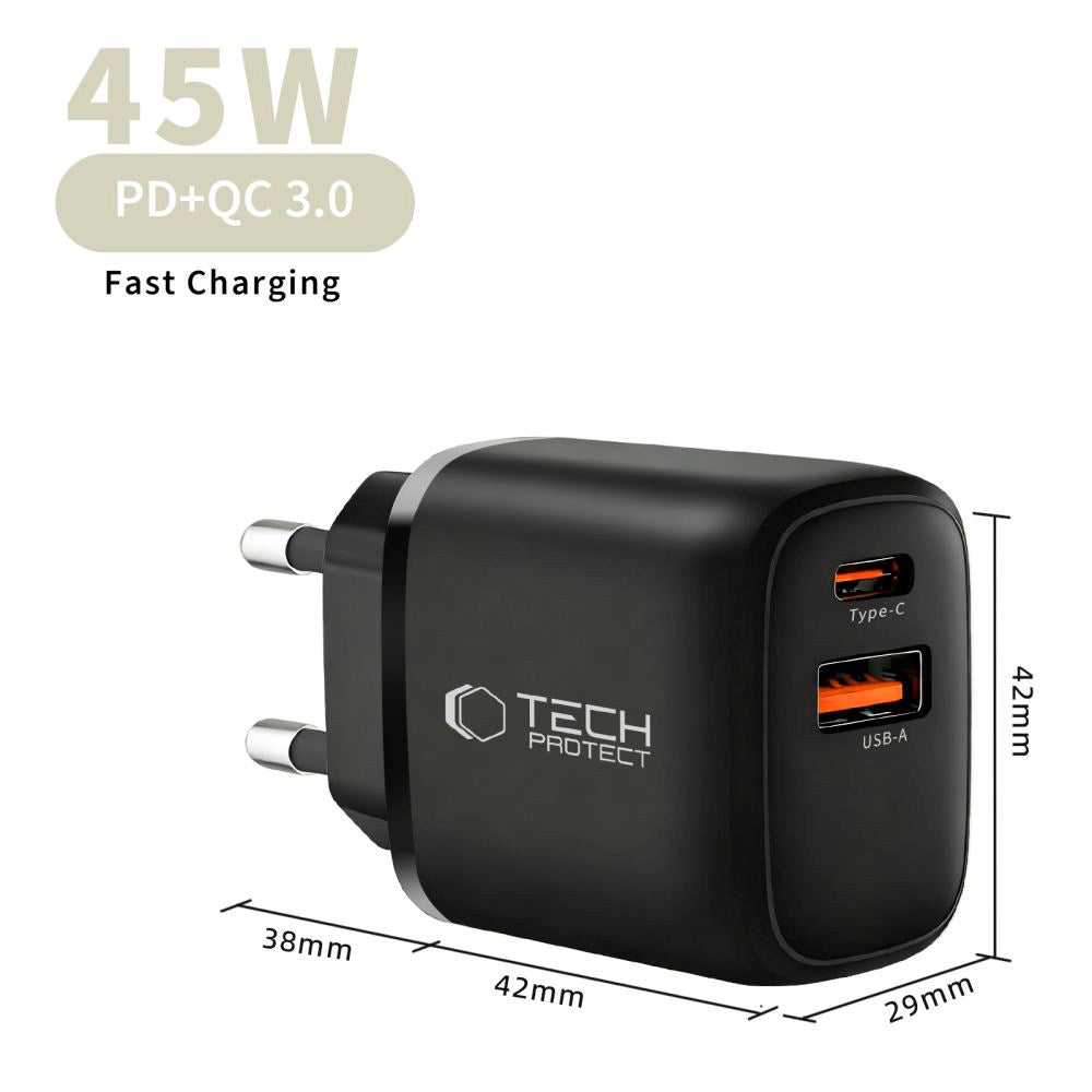Tech-Protect 45W GaN Wall Charger with 1 x USB-A / 1 x USB-C / 1 x USB-C to USB-C Cable – Black