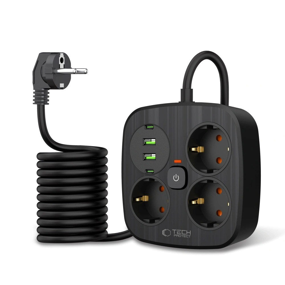 Tech-Protect Multifunctional Power Strip with 3 x Outlets / 2 x USB-A / 2 x USB-C - 2m - Black