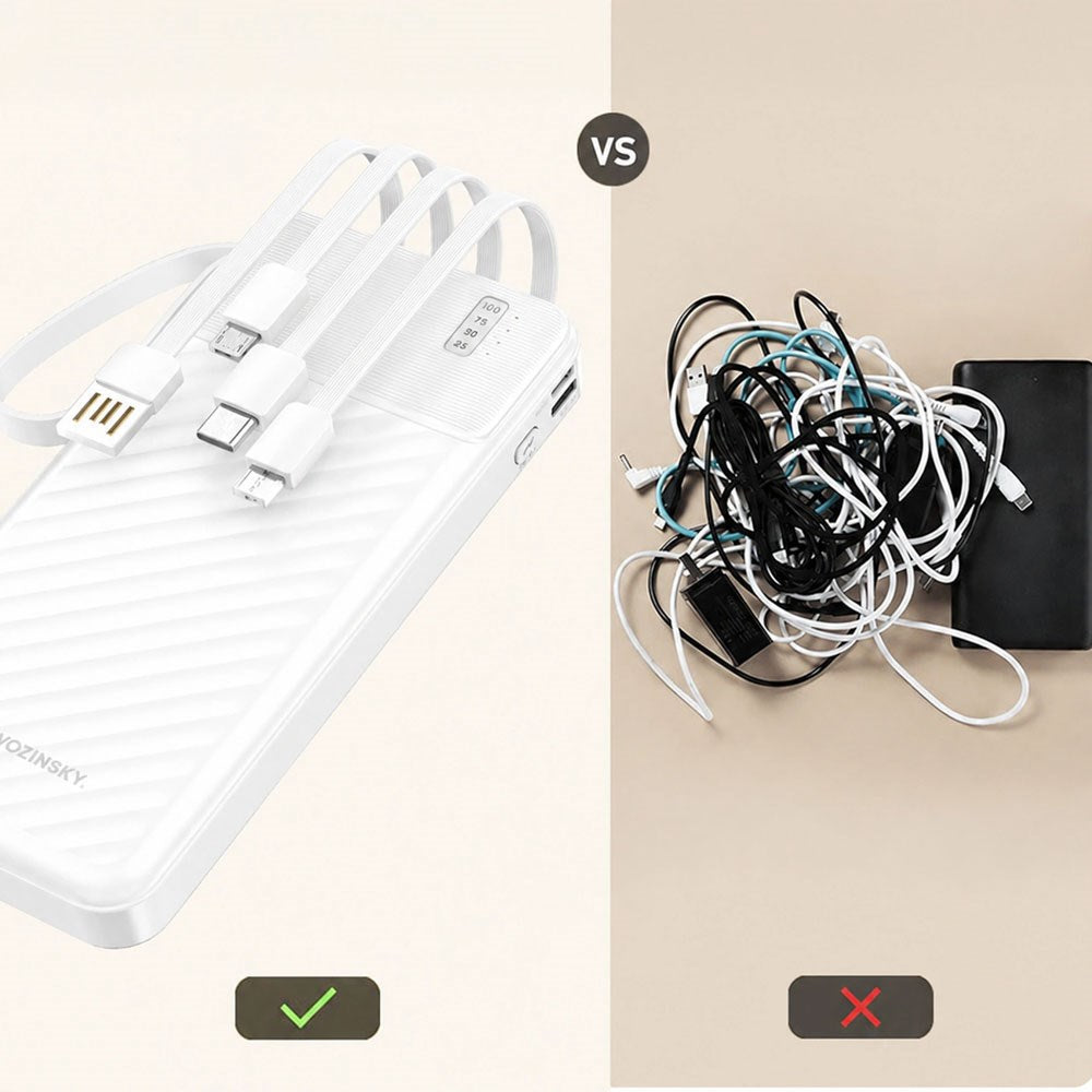 Wozinsky 10,000mAh Powerbank with Flashlight & 4 x Built-in Cables - White