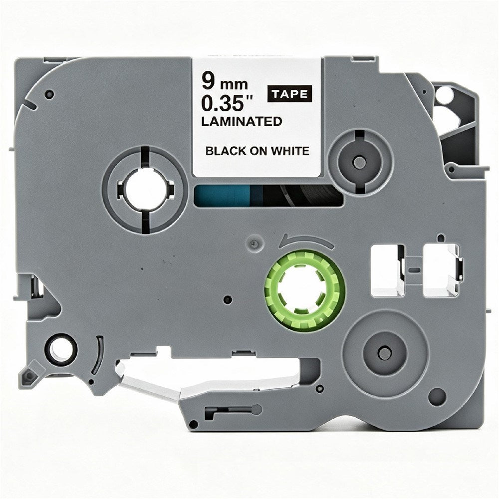Label Tape Cassette 8 meters, Laminated, Compatible with Brother P-Touch label printers, Black on White - 9mm