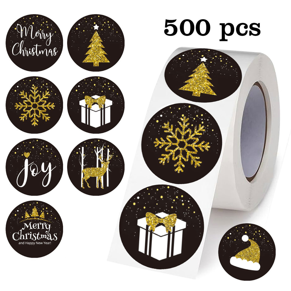 Roll of 500 x Stickers - 7 Designs - Christmas / Gold