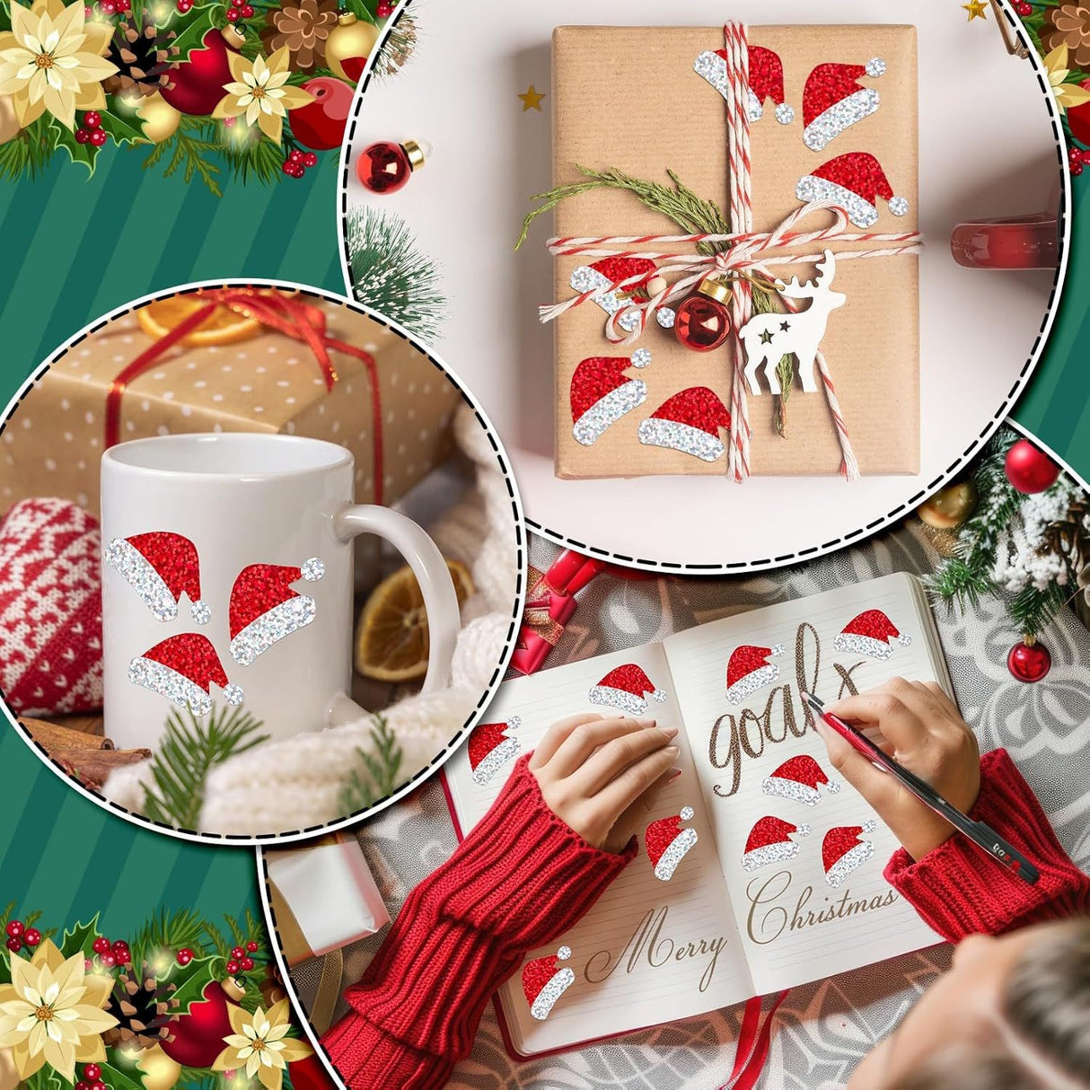 Roll of 500 x Stickers w. Christmas Designs - Christmas Hat / Glitter
