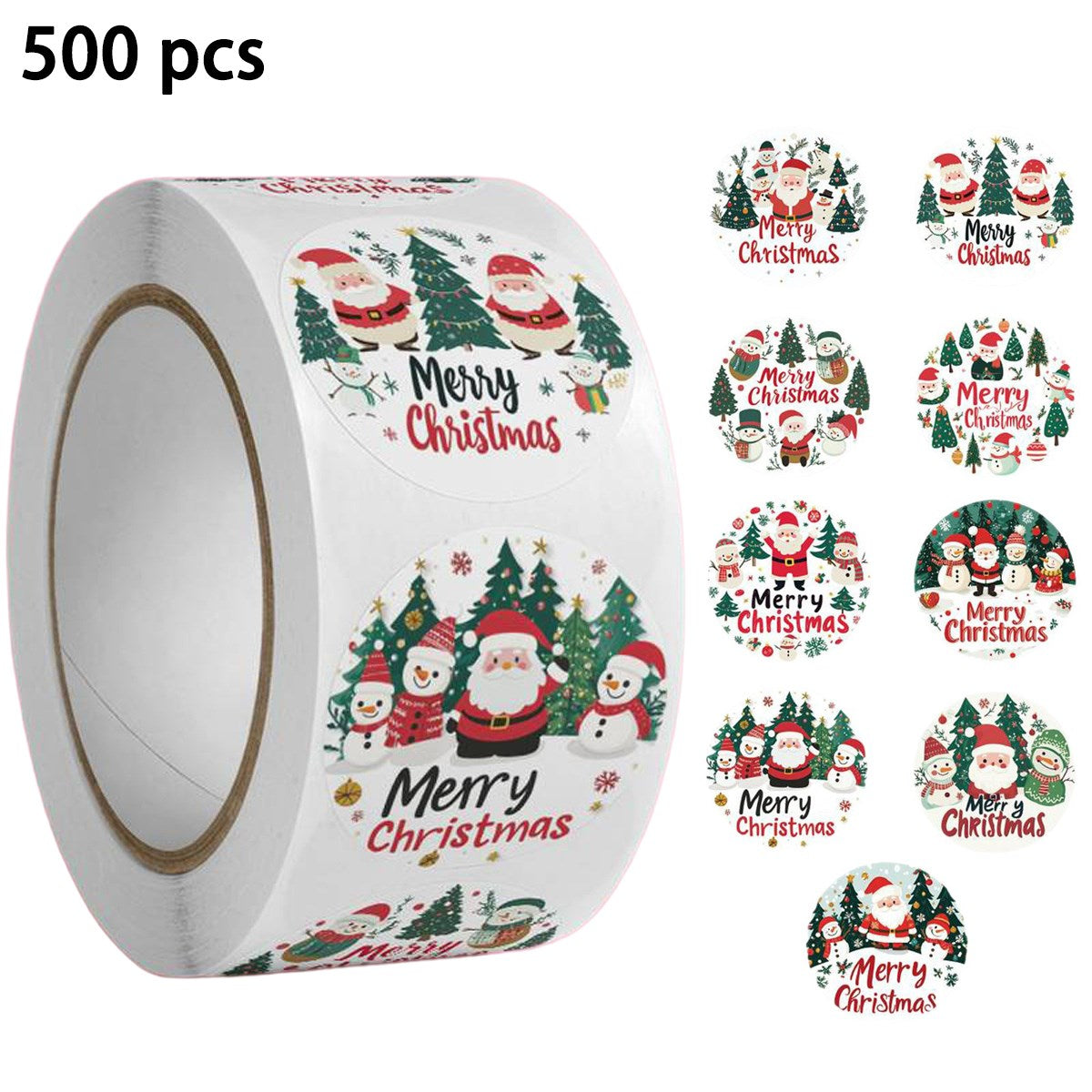 Roll of 500 x Stickers w. Christmas Designs – Santa Clauses / Snowmen