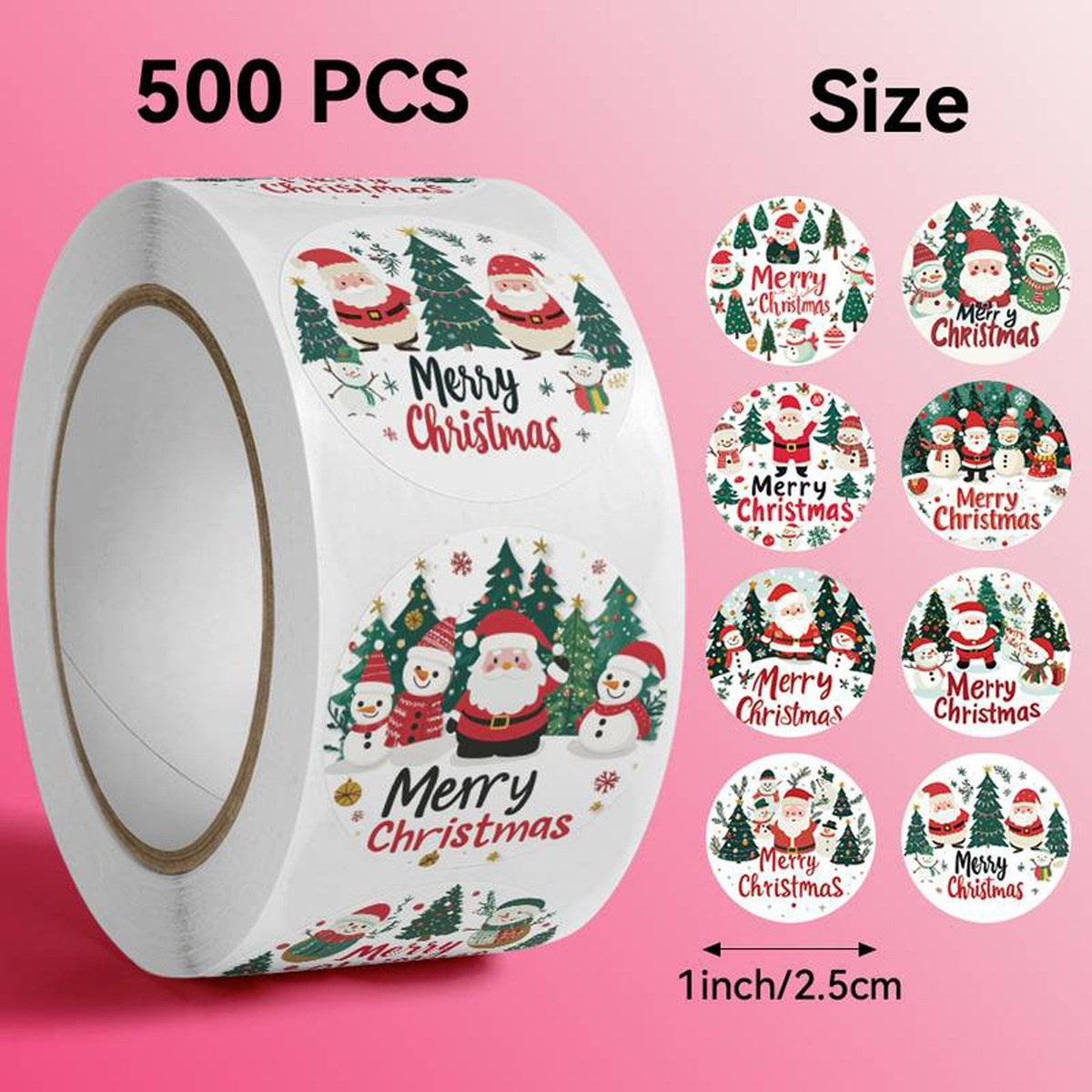 Roll of 500 x Stickers w. Christmas Designs – Santa Clauses / Snowmen
