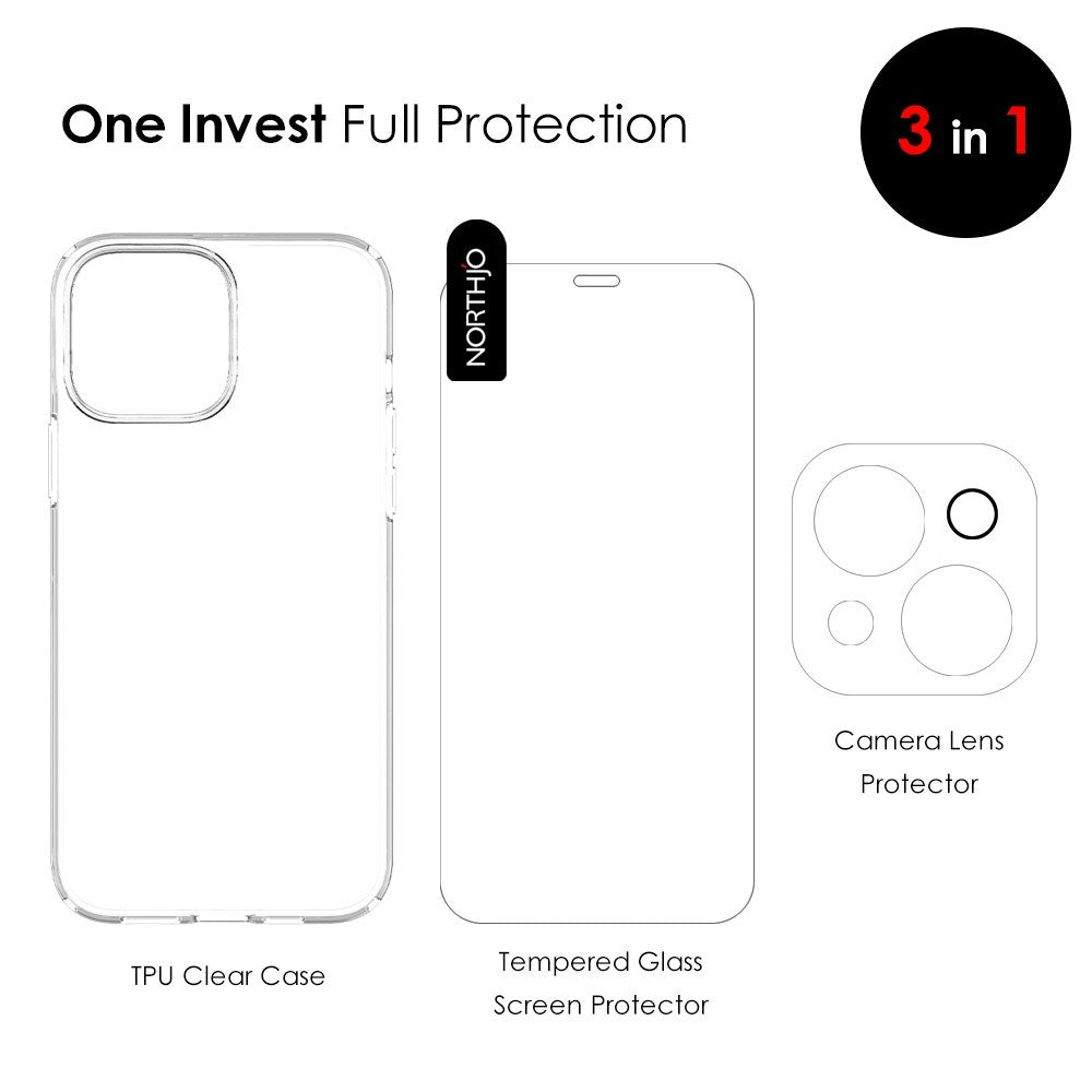 NORTHJO iPhone 13 | 3-in-1 360° Protection Set with Case | Screen Protector | Camera Lens Protector - Transparent