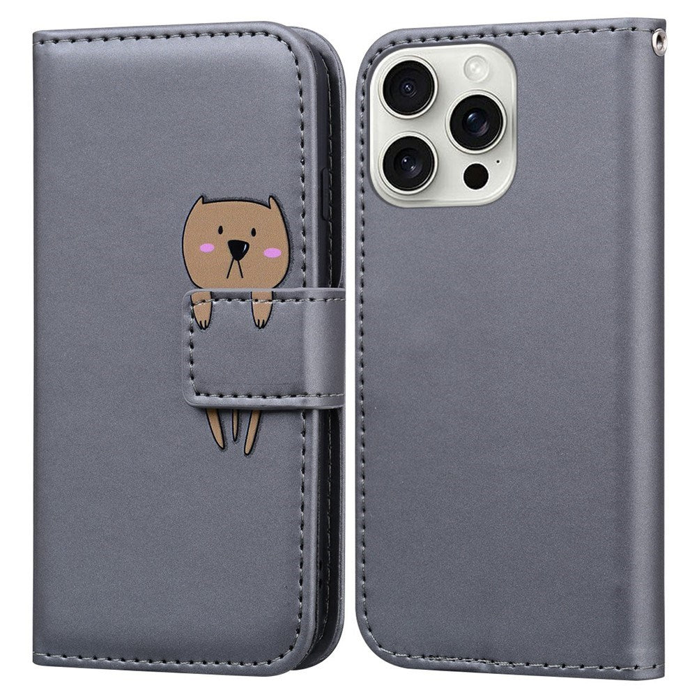 iPhone 16 Pro Faux Leather Flip Case with Character Design - Grey