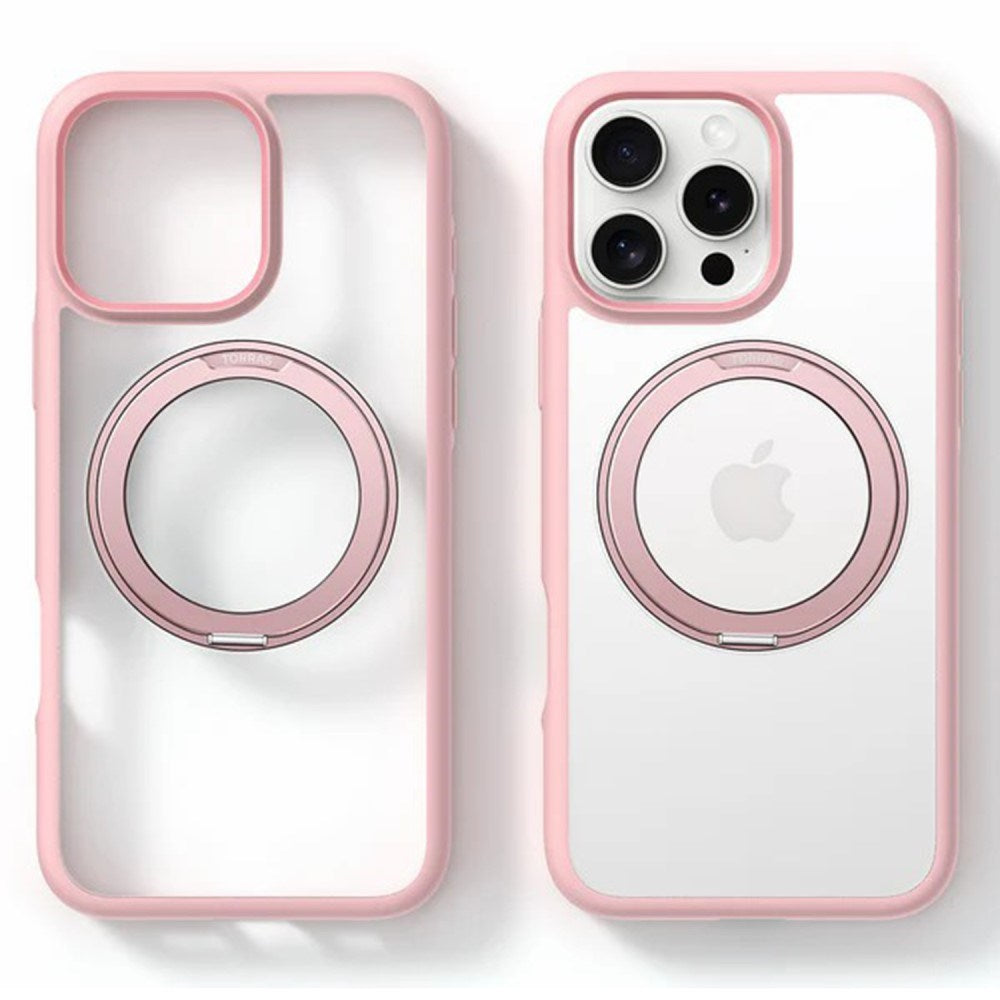 TORRAS iPhone 16 Pro Hybrid Plastic Case with Rotatable Kickstand Ring - MagSafe Compatible - Transparent / Pink