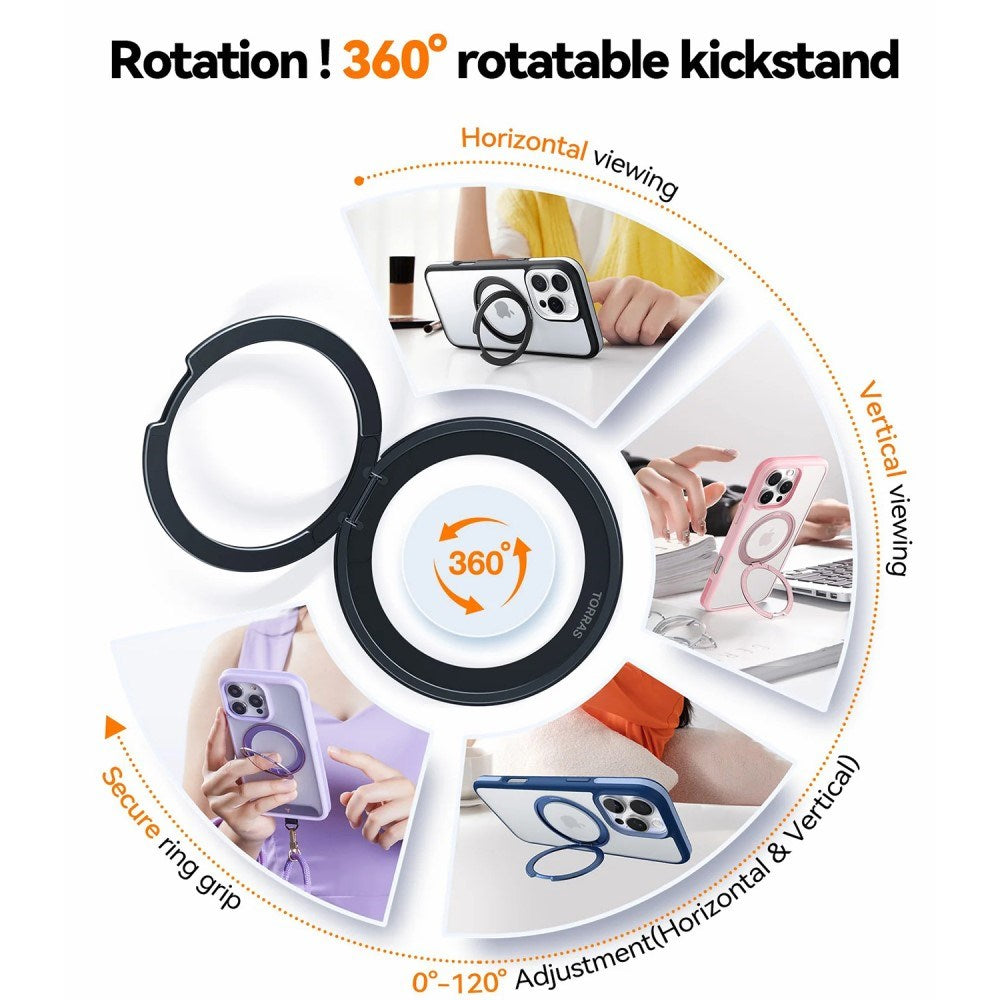 TORRAS iPhone 16 Pro Hybrid Plastic Case with Rotatable Kickstand Ring - MagSafe Compatible - Transparent / Pink