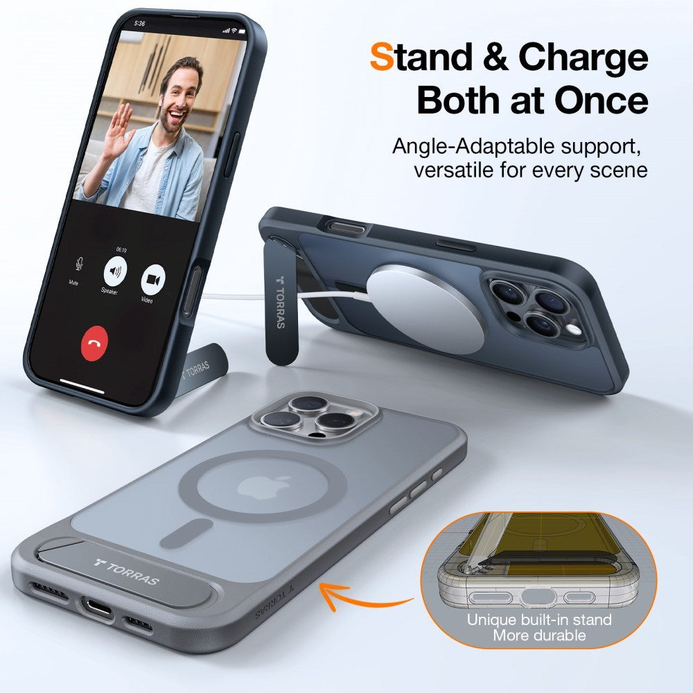 TORRAS iPhone 16 Pro Hybrid Case with Stand Function - MagSafe Compatible - Black