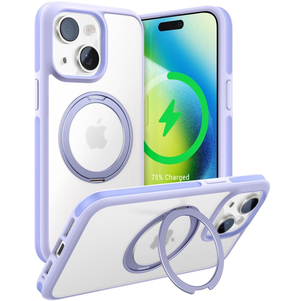 TORRAS iPhone 15 Hybrid Plastic Case with Rotatable Kickstand Ring - MagSafe Compatible - Transparent / Purple