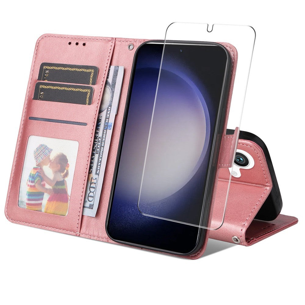 EIDERWOOD Samsung Galaxy S25 / S24 2-in-1 Faux Leather Flip Case with Screen Protector Glass - Pink