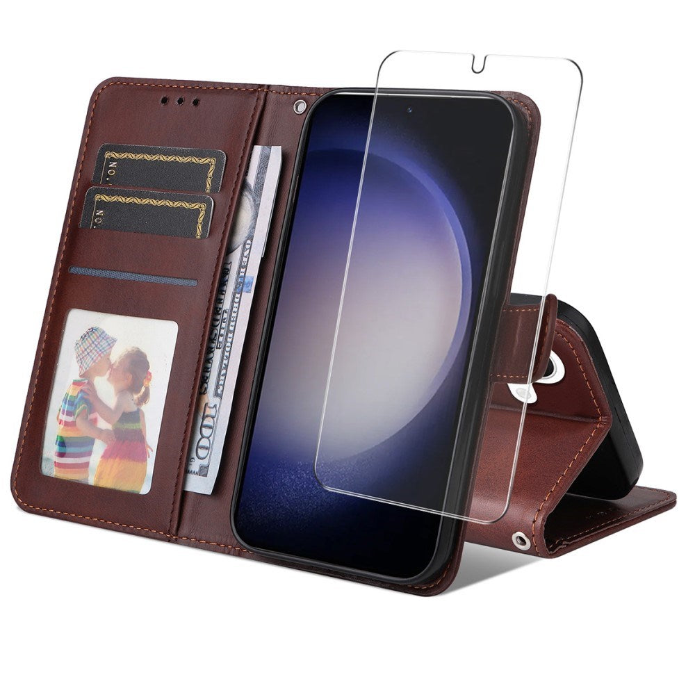 EIDERWOOD Samsung Galaxy S25 / S24 2-in-1 Faux Leather Flip Case with Screen Protector Glass - Brown
