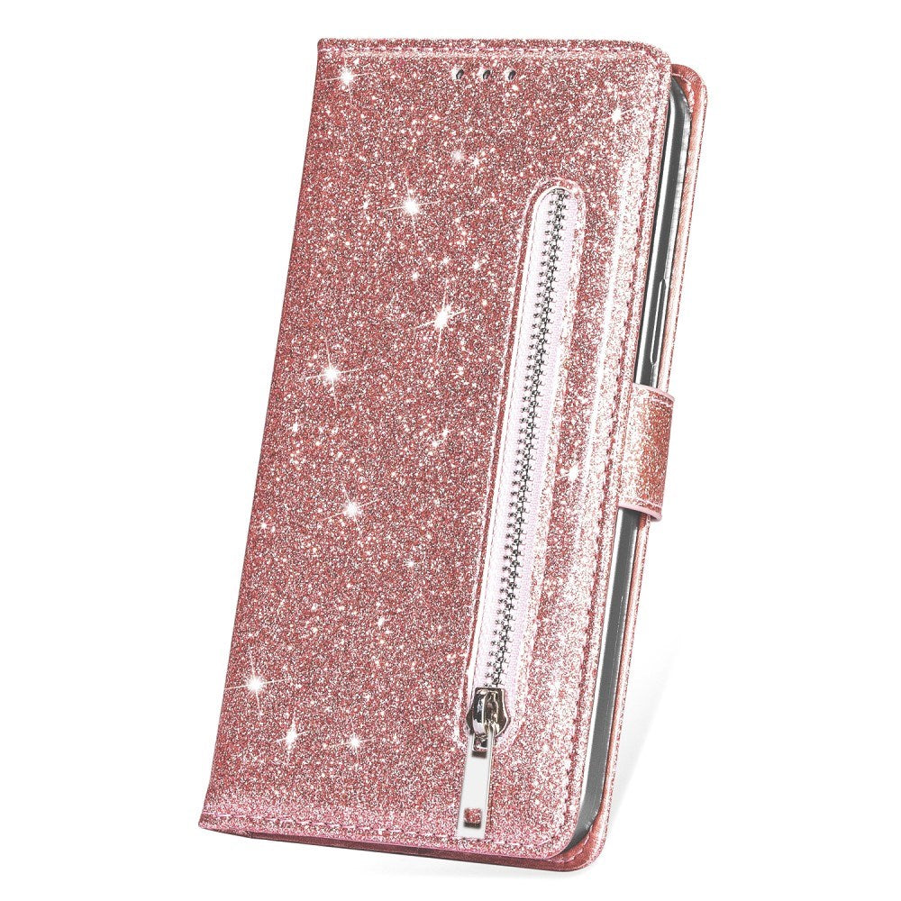 EIDERWOOD Samsung Galaxy S25 Glitter Flip Case with Zipper Pocket & Stand Function - Pink
