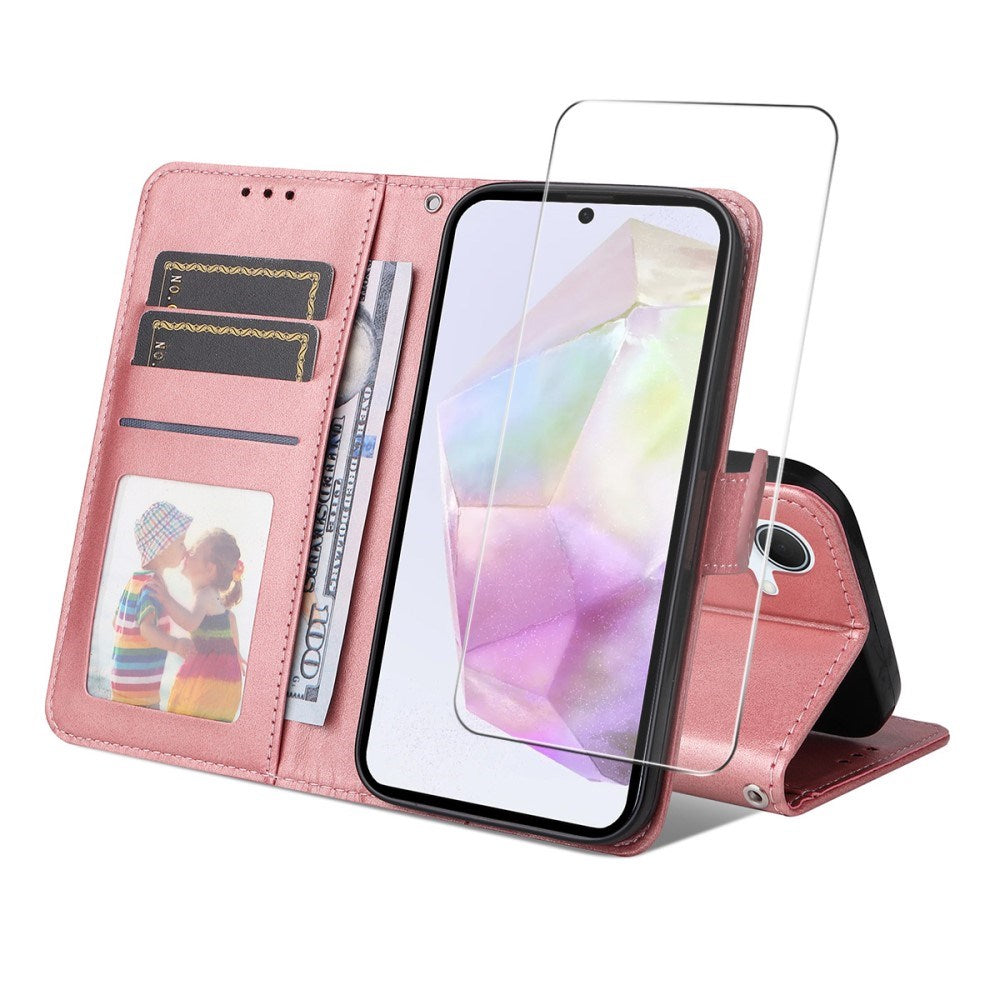 EIDERWOOD Samsung Galaxy A56 (5G) / A36 (5G) 2-in-1 Faux Leather Flip Case with Screen Protector Glass - Pink