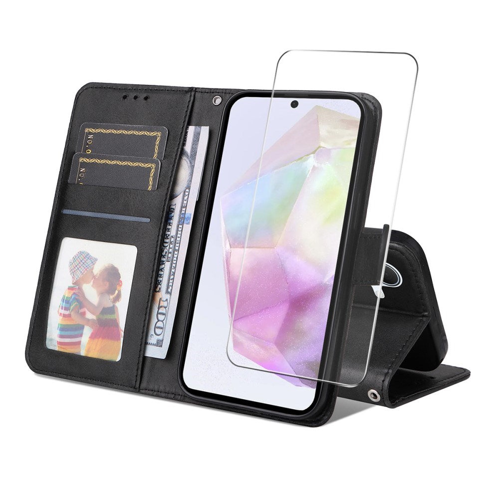 EIDERWOOD Samsung Galaxy A56 (5G) / A36 (5G) 2-in-1 Faux Leather Flip Case with Screen Protector Glass - Black