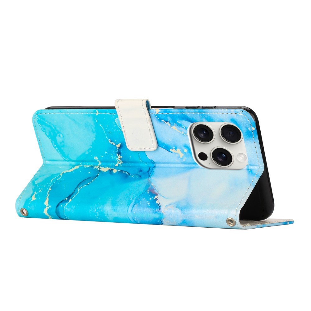 EIDERWOOD iPhone 16 Pro Max Faux Leather Flip Case with Wallet & Strap - Marble Design - Blue