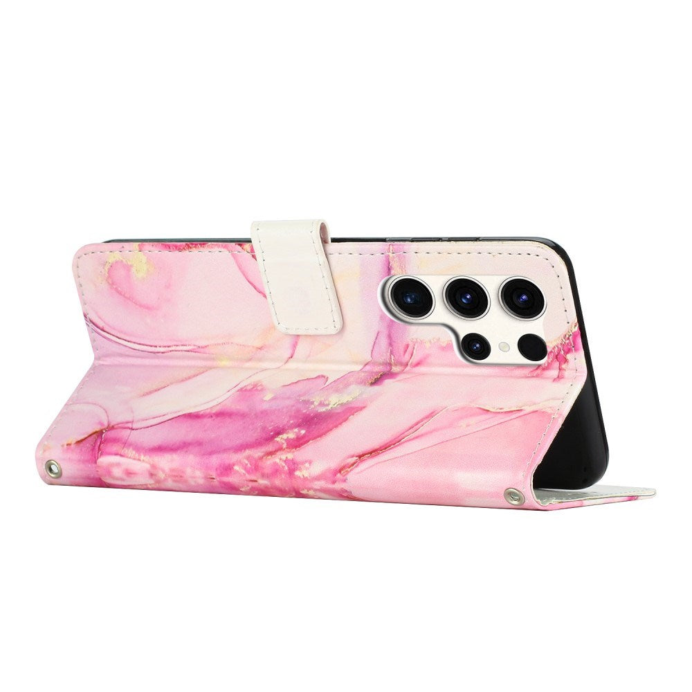 EIDERWOOD Samsung Galaxy S25 Ultra Marble Patterned Faux Leather Flip Case with Strap - Pink