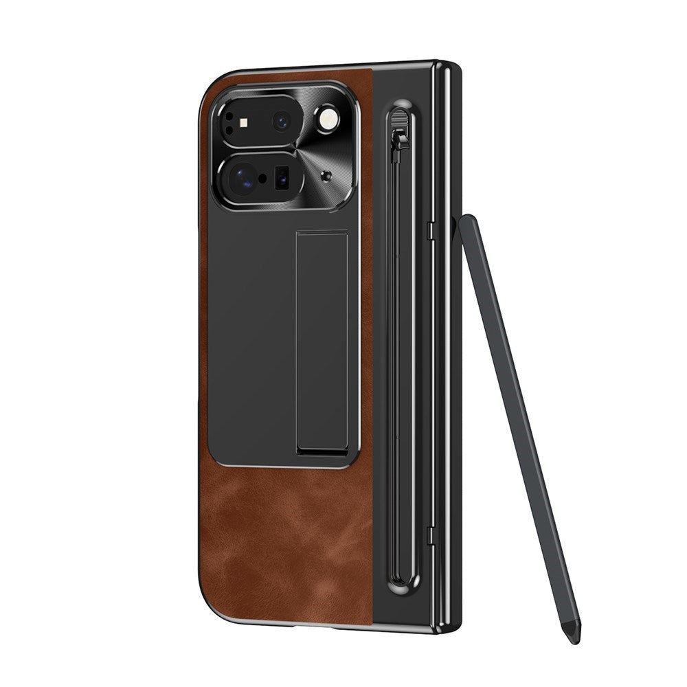 EIDERWOOD Google Pixel 10 Pro Fold Case with Faux Leather Back - Kickstand - Stylus Holder - Black / Dark Brown