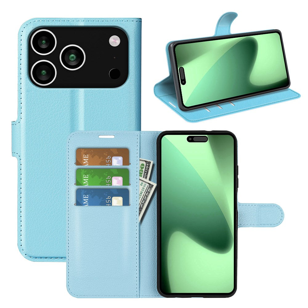 EIDERWOOD iPhone 17 Pro Litchi Flip Case with Built-in Card Holder & Stand Function - Blue