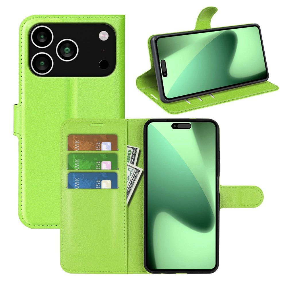 EIDERWOOD iPhone 17 Pro Litchi Flip Case with Built-in Card Holder & Stand Function - Green