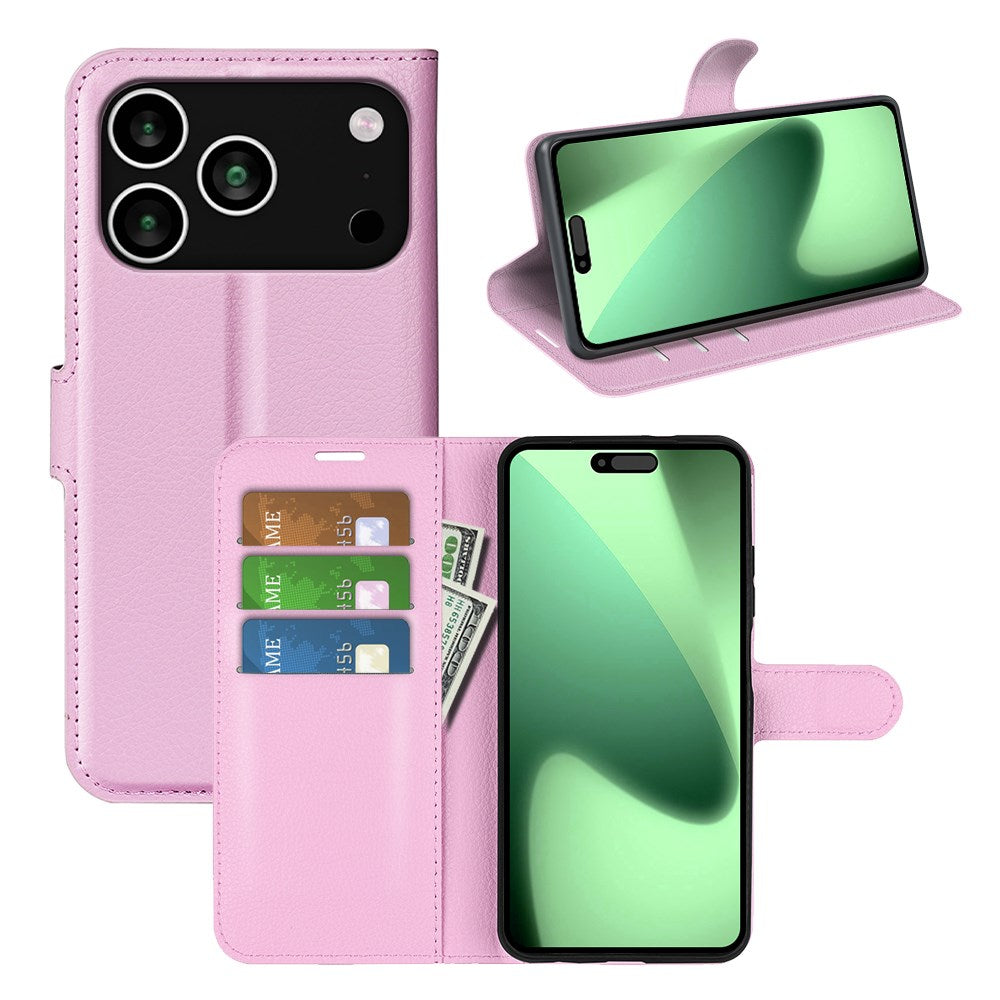 EIDERWOOD iPhone 17 Pro Litchi Flip Case with Built-in Card Holder & Stand Function - Pink