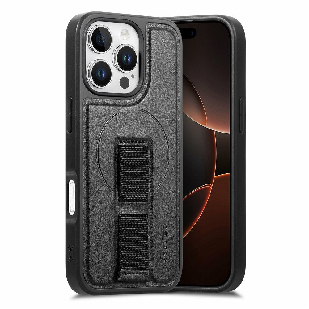 iPhone 16 Pro Hard Plastic Case with Faux Leather Back & Finger Strap - MagSafe Compatible - Black