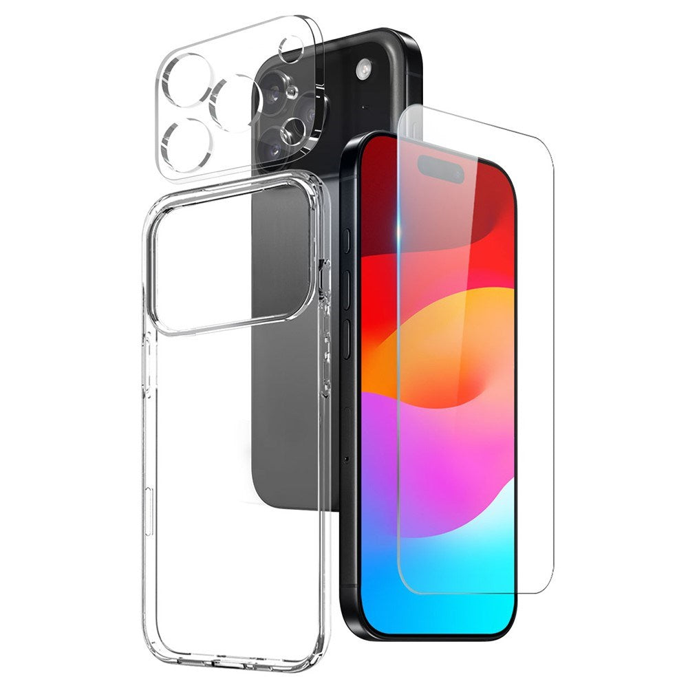 NORTHJO iPhone 17 Pro 3-in-1 Protection Set with Flexible Plastic Case / Tempered Screen Protector Glass / Camera Lens Protector Glass - Transparent