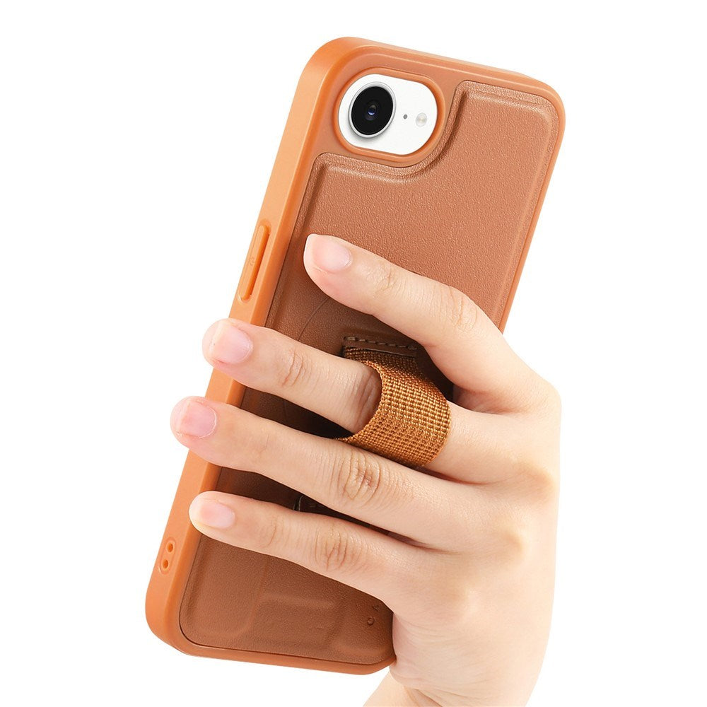 iPhone 16e Hard Plastic Case with Faux Leather Back & Finger Strap - MagSafe Compatible - Brown