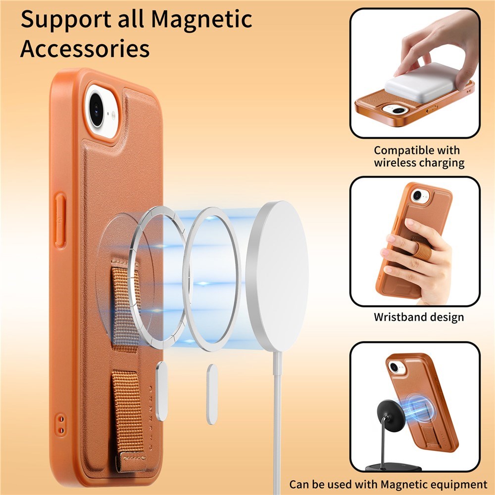 iPhone 16e Hard Plastic Case with Faux Leather Back & Finger Strap - MagSafe Compatible - Brown
