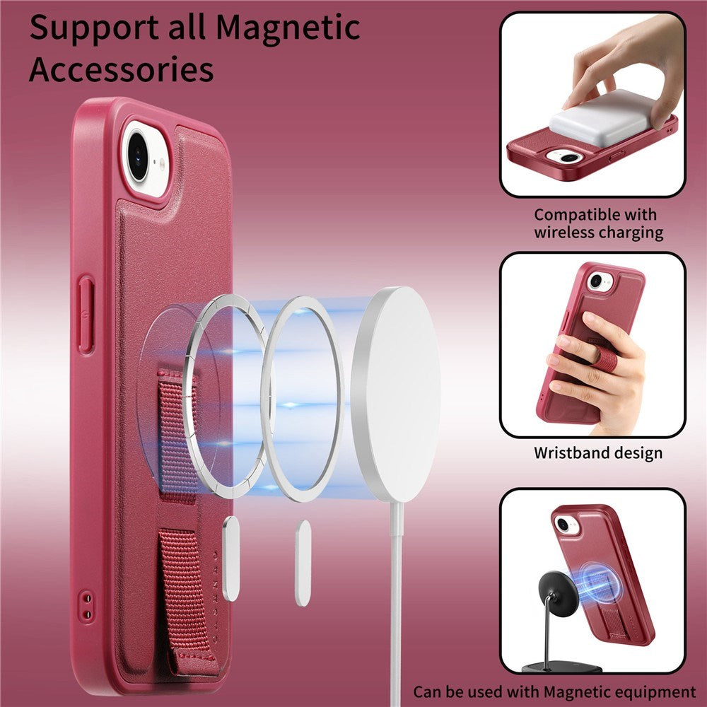 iPhone 16e Hard Plastic Case with Faux Leather Back & Finger Strap - MagSafe Compatible - Red