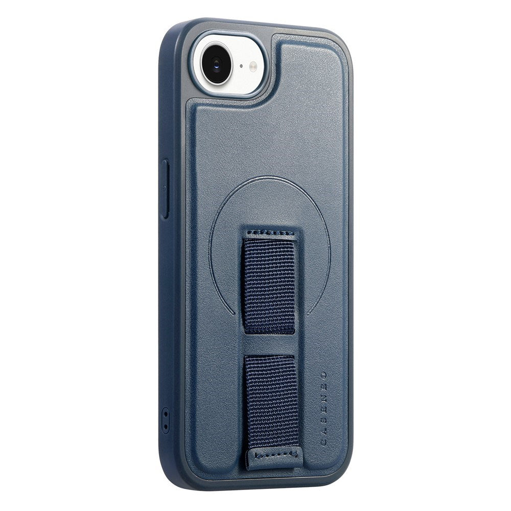 iPhone 16e Hard Plastic Case with Faux Leather Back & Finger Strap - MagSafe Compatible - Blue