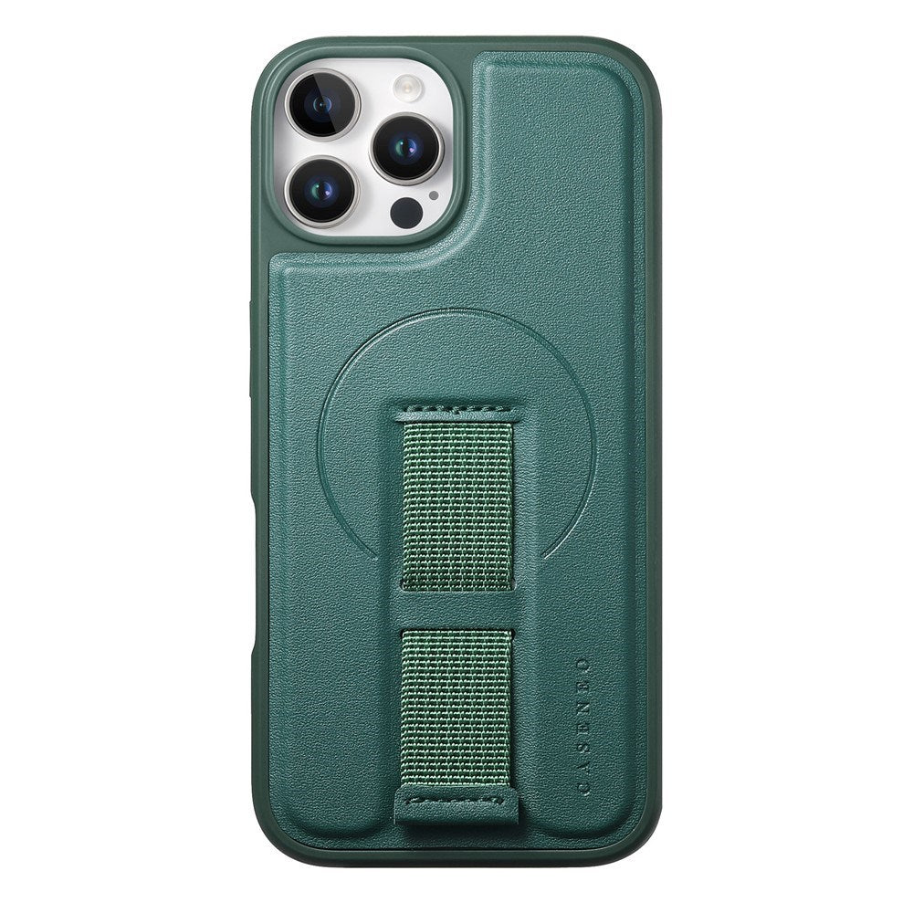 iPhone 12 / 12 Pro Hard Plastic Case with Faux Leather Back & Finger Strap - MagSafe Compatible - Green