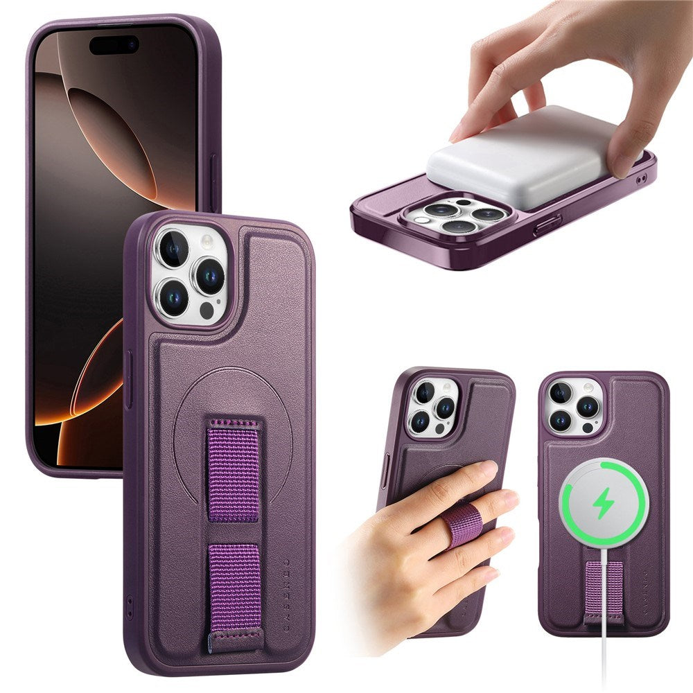 iPhone 12 / 12 Pro Hard Plastic Case with Faux Leather Back & Finger Strap - MagSafe Compatible - Purple