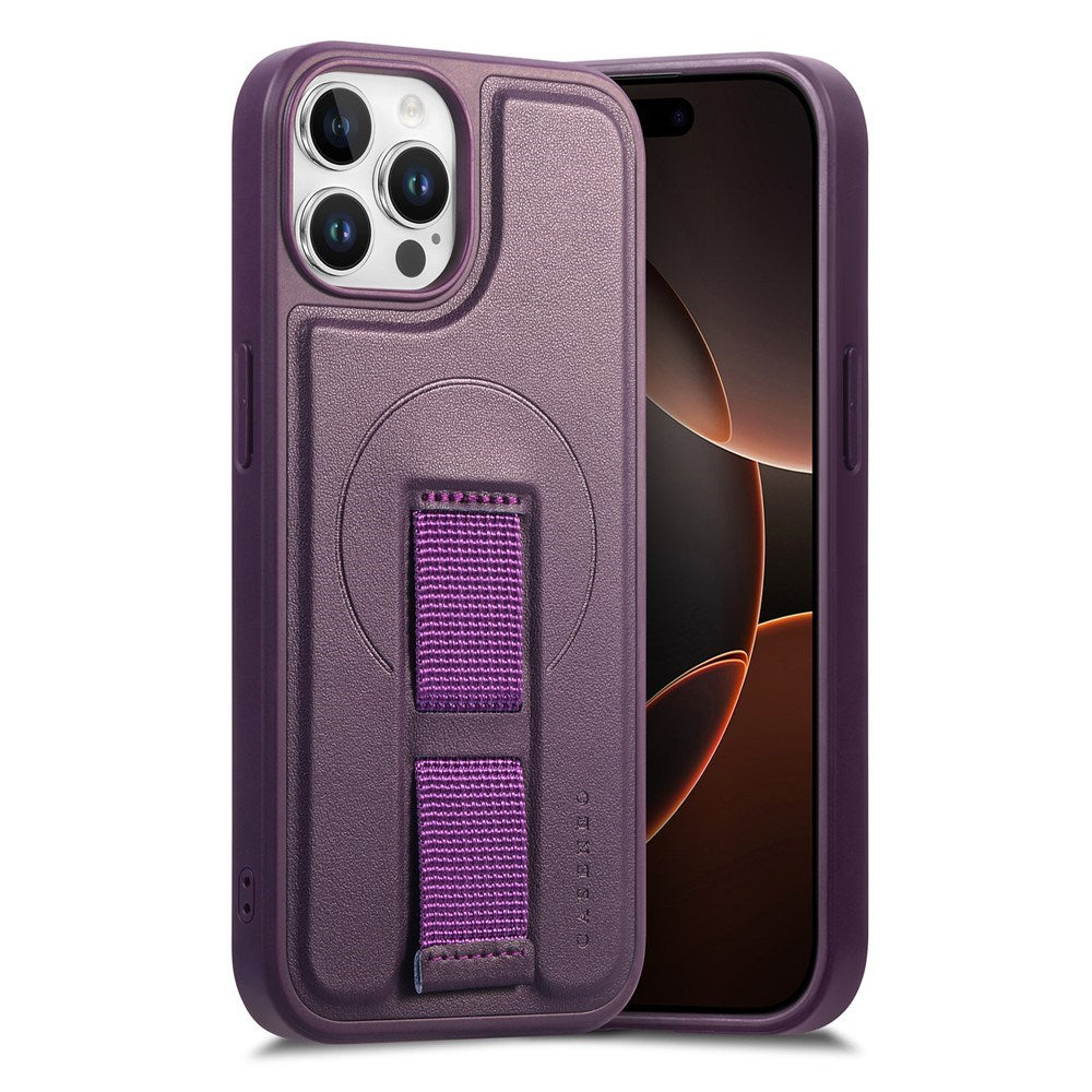 iPhone 12 / 12 Pro Hard Plastic Case with Faux Leather Back & Finger Strap - MagSafe Compatible - Purple