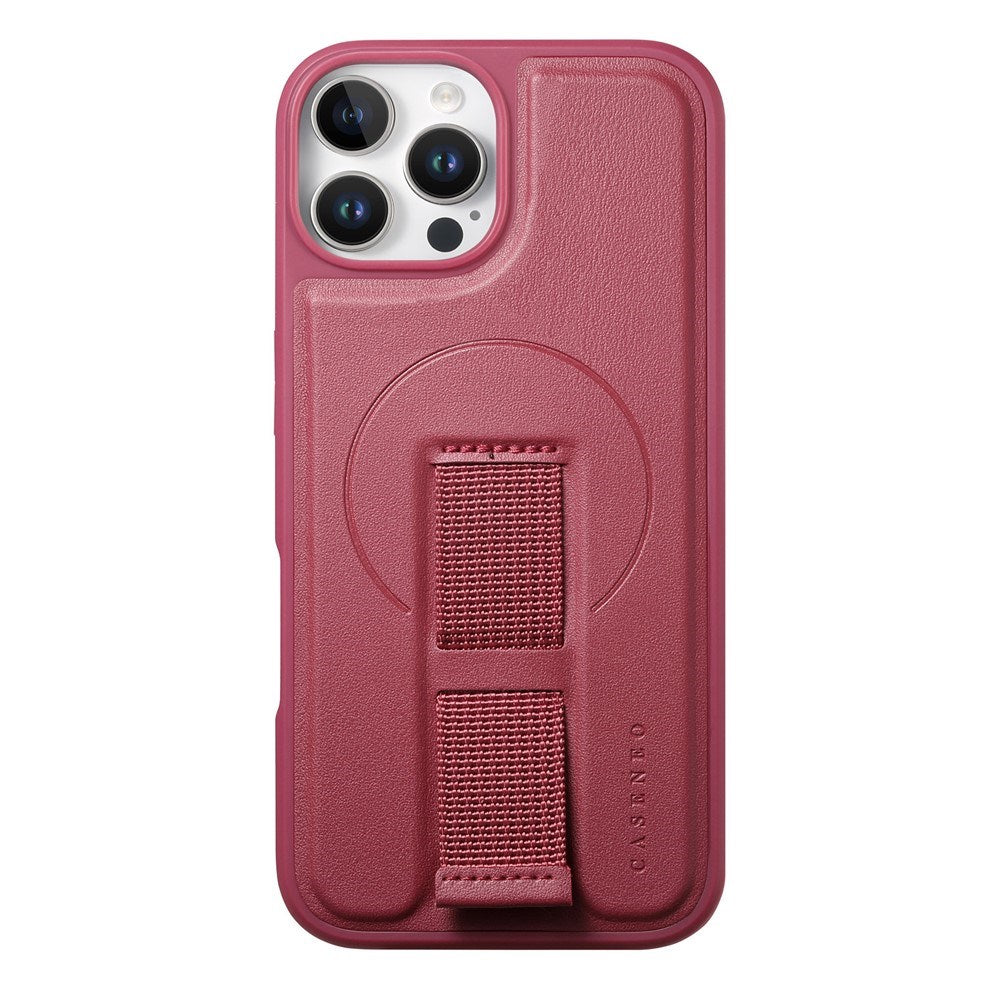 iPhone 12 / 12 Pro Hard Plastic Case with Faux Leather Back & Finger Strap - MagSafe Compatible - Red
