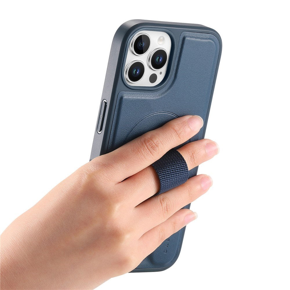 iPhone 12 / 12 Pro Hard Plastic Case with Faux Leather Back & Finger Strap - MagSafe Compatible - Blue