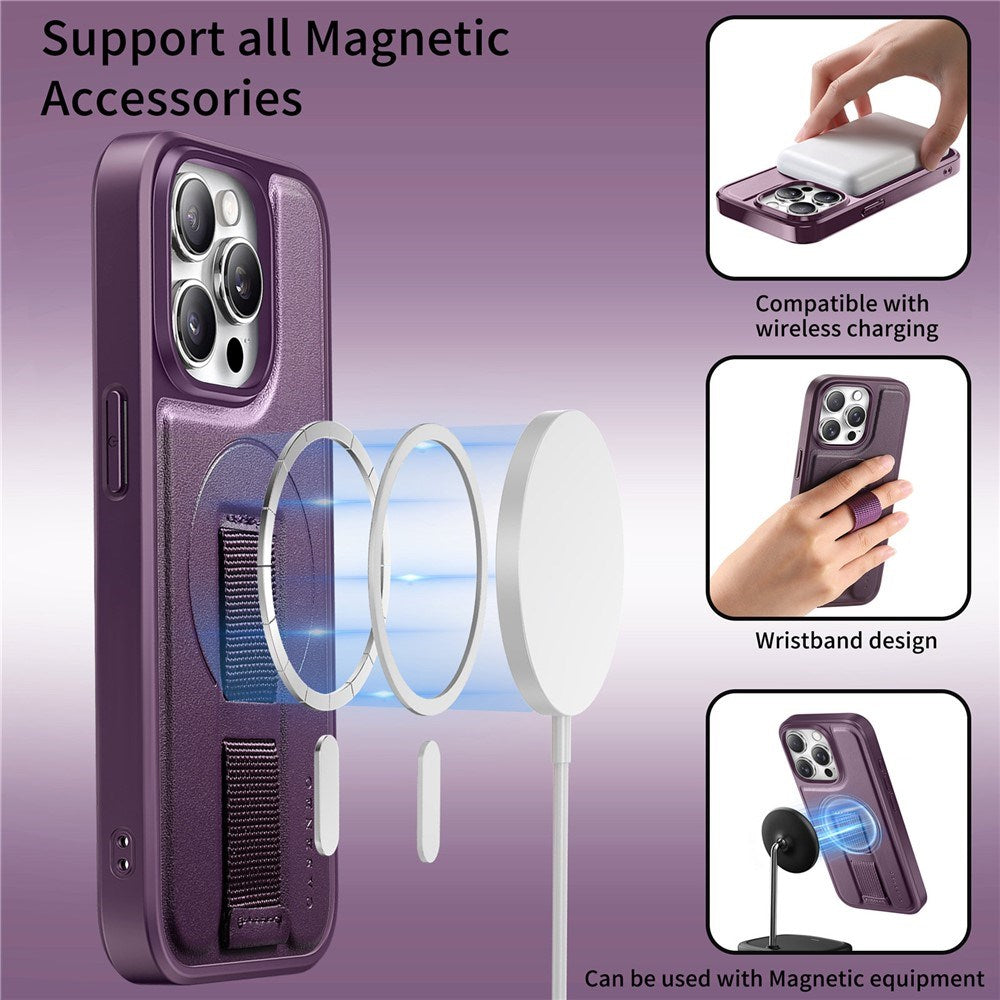 iPhone 14 Pro Hard Plastic Case with Faux Leather Back & Finger Strap - MagSafe Compatible - Purple