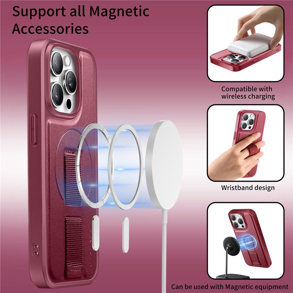 iPhone 14 Pro Hard Plastic Case with Faux Leather Back & Finger Strap - MagSafe Compatible - Red