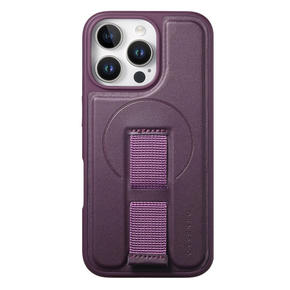 iPhone 15 Pro Hard Plastic Case with Faux Leather Back & Finger Strap - MagSafe Compatible - Purple