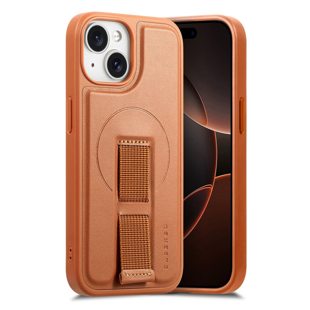 iPhone 15 Hard Plastic Case with Faux Leather Back & Finger Strap - MagSafe Compatible - Brown