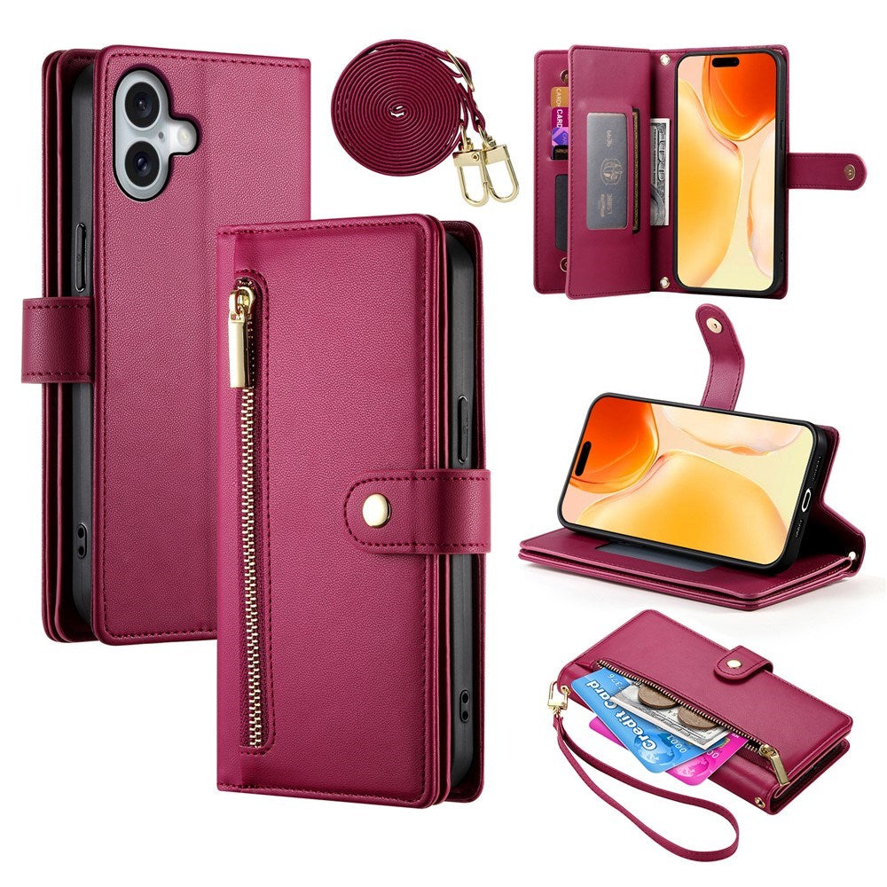 EIDERWOOD iPhone 17 Flip Case with Card Holder / Zipper Pocket / Strap - Red