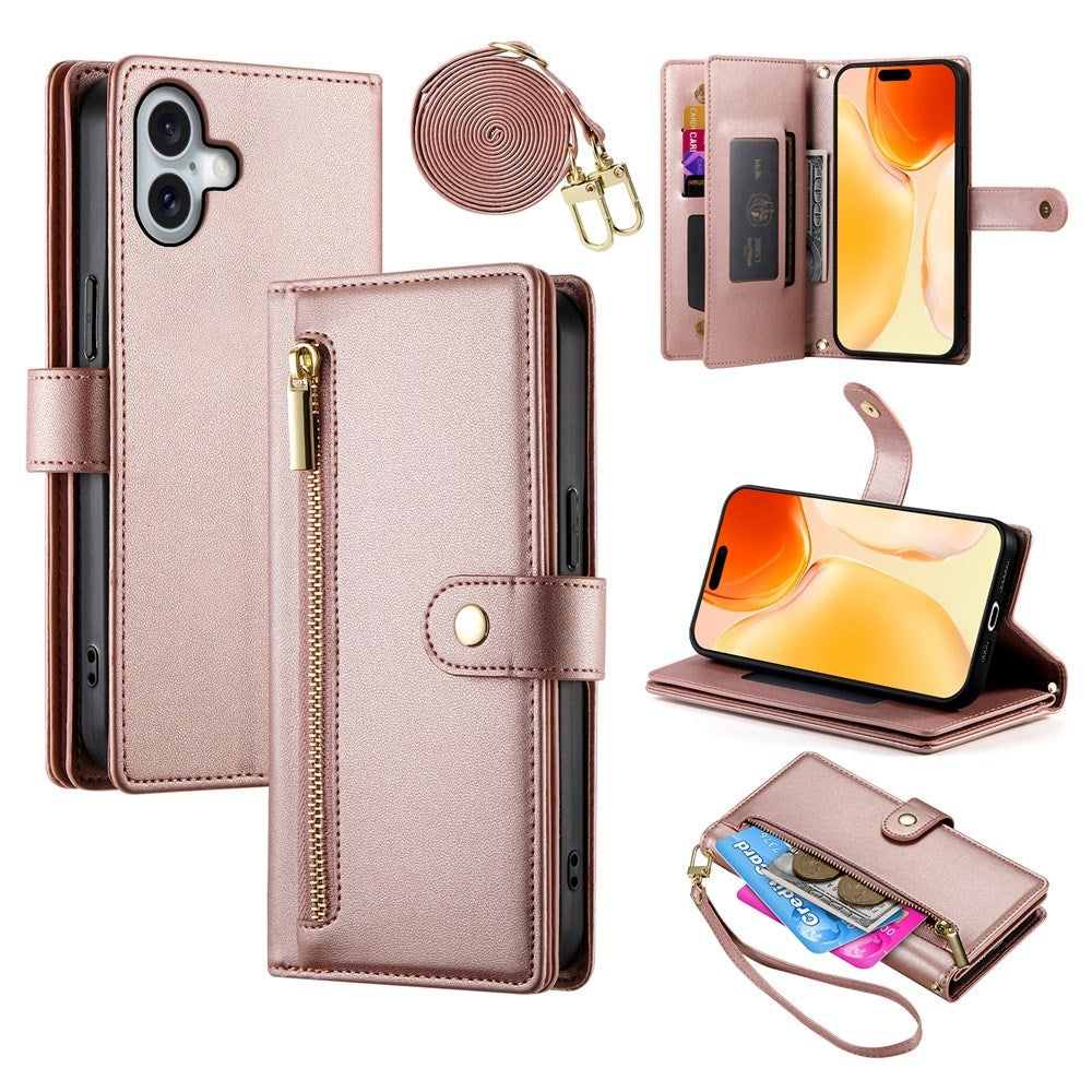 EIDERWOOD iPhone 17 Flip Case with Card Holder / Zipper Pocket / Strap - Rose Gold